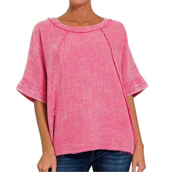 Zenana Washed Double Gauze Raglan Sleeve Shirt – Size Small, EUC in Fuchsia - Picture 1 of 8